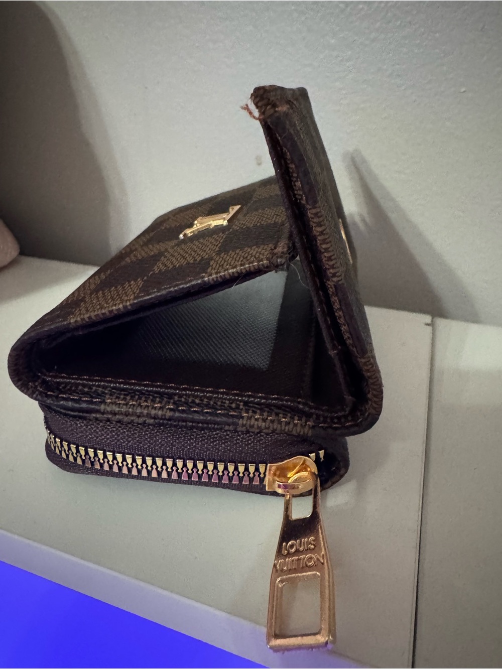 Louis Vuitton Dark Brown Check Canvas Small Zip Wallet with Gold Hardware